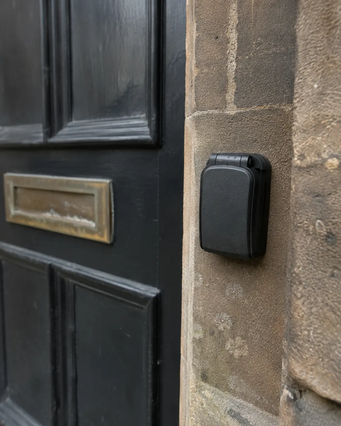 A key safe on the sandstone beside a close door